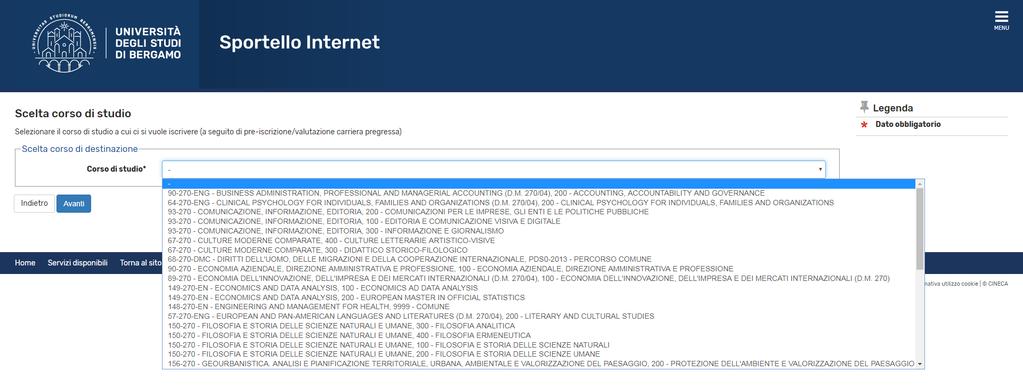 Selezionare il corso di laurea (ed il relativo curriculum/percorso) di