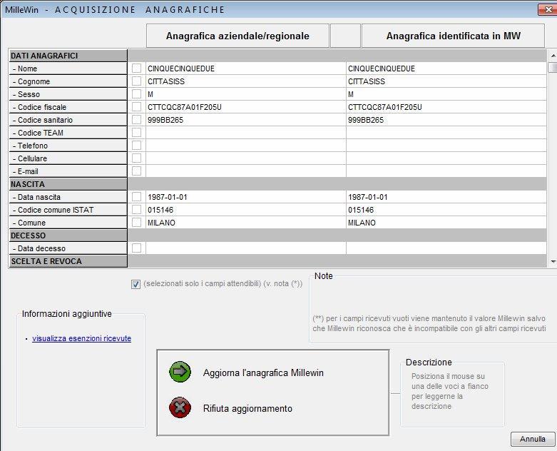 Compare la schermata Millewin Acquisizione anagrafiche Viene visualizzato: o sul lato sinistro è presente l anagrafica del paziente ricevuta