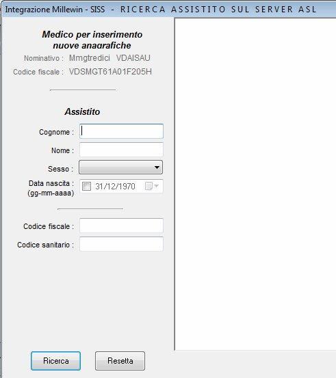 Compare la videata RICERCA ASSISTITO SUL SERVER ASL