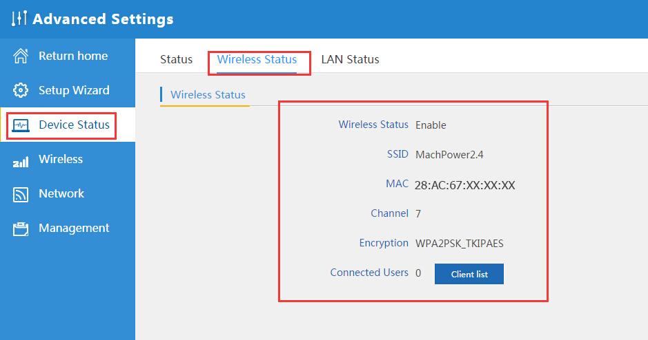 Ora vi mostreremo le impostazioni avanzate per Stato del dispositivo, Wireless, Rete e Gestione: Stato Dispositivo: per mostrare lo stato dell AP Wireless, lo stato