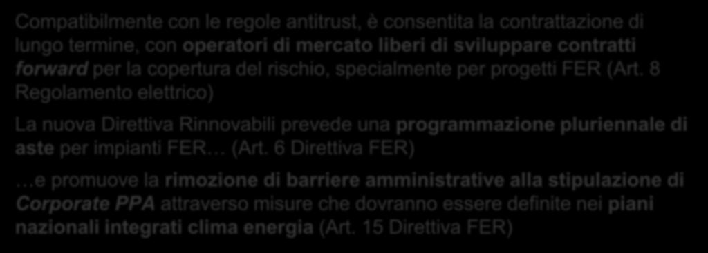 Corporate PPA e il Clean Energy Package Il Clean Energy Package definisce il quadro abilitante attraverso integrazione FER, programmazione e contratti di lungo termine Contratti di lungo