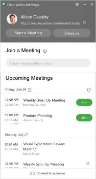 Uso dell'app desktop Webex Meetings Visualizzazione dell'elenco di riunioni È anche possibile selezionare il pulsante Accedi nella parte superiore del pannello Cisco Webex Meetings quando si viene