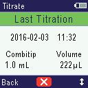 34 Uso 5.15.1 Visualizzare i dati dell'ultima titolazione Premessa Viene eseguita almeno una titolazione. Abb. 5-9:Schermo per Ult. Ttr Fig. 5-9: Schermo per Ult. Ttr 1.