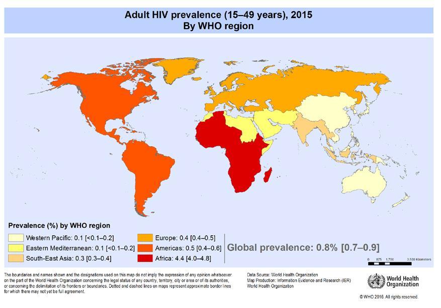 Epidemiologia Dall inizio dell epidemia (1981) più di 70 milioni di casi di infezione e circa 35 milioni di morti. Al 2015, 36.7 milioni di infezioni HIV. Prevalenza 0.