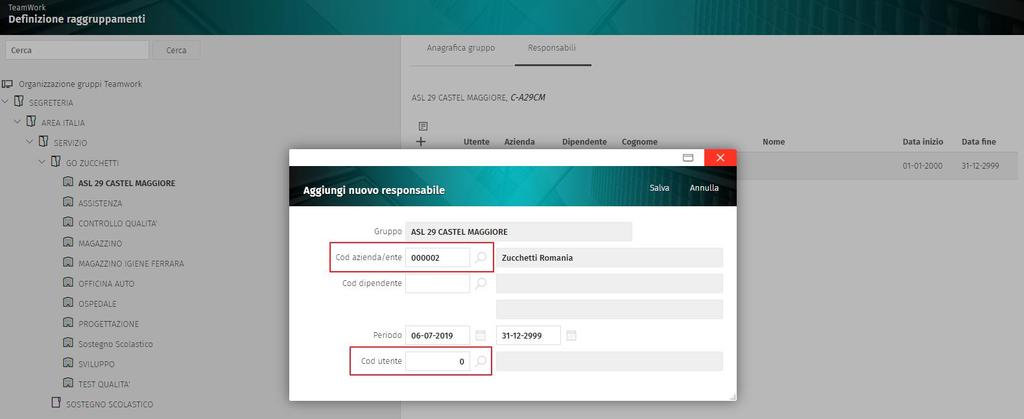 DEFINIZIONE RAGGRUPPAMENTI Nella funzione Setup WF Teamwork (Tabelle/Setup), sezione Generali, è stato implementato un nuovo flag Visualizza solo gli utenti associati alle proprie aziende che