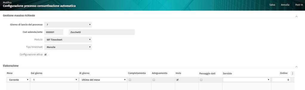 MODULO WF TIMESHEET CONSUNTIVAZIONE AUTOMATICA È stata implementata la funzionalità Consuntivazione automatica che permette di eseguire automaticamente, per il modulo WF Timesheet, le seguenti