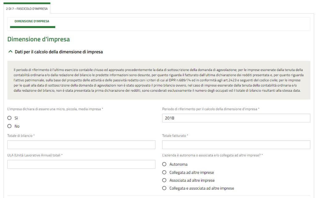 3.2 Modulo 2 di 7: Dimensione di impresa SI RICORDA CHE la compilazione di questo modulo è a