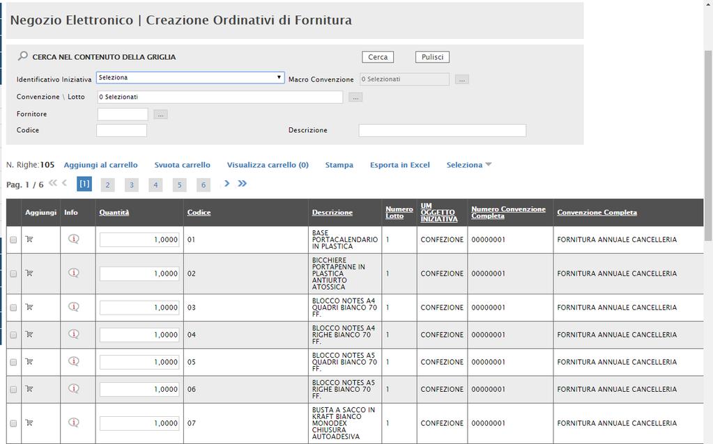 Figura 2 - Lista Articoli per Ordinativo Dopo aver individuato il bene/servizio di interesse, è possibile avviare il percorso di creazione di un Ordinativo di Fornitura, predisponendo il proprio