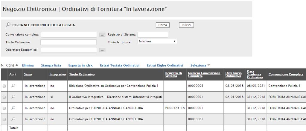 Verrà mostrata la seguente pagina: e quindi Figura 7 Carrello Ordinativi di Fornitura In lavorazione Questa funzione consente di visualizzare, attraverso un riepilogo in forma tabellare, gli