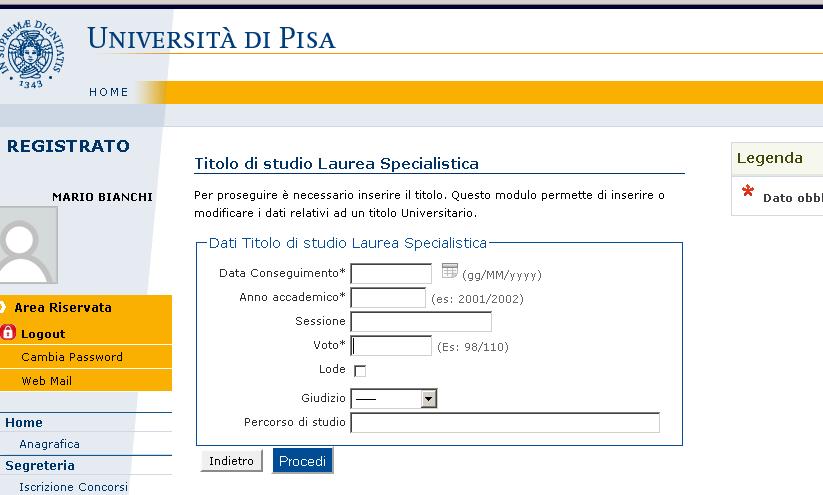 CONCLUSIONE DELLA PROCEDURA Una volta inseriti i dati relativi ai titoli di accesso, il sistema propone la