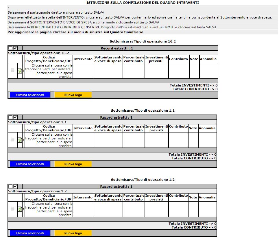 Progetto Quadro finanziario Il quadro finanziario consente l inserimento degli interventi previsti da ciascun partecipante al PID, suddivisi per sottomisura/tipo di operazione.