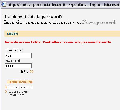 Nel caso in cui l utenza inserisca la username o la password errata il sistema segnalerà il seguente messaggio di Autenticazione Fallita : Nel caso in cui l