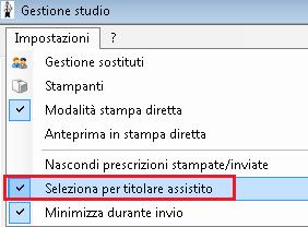 Gestione studio Impostazioni Nel menu Impostazioni di Gestione studio sono presenti le seguenti opzioni: Seleziona per titolare assistito: è possibile suddividere le prescrizioni ricevute dalla