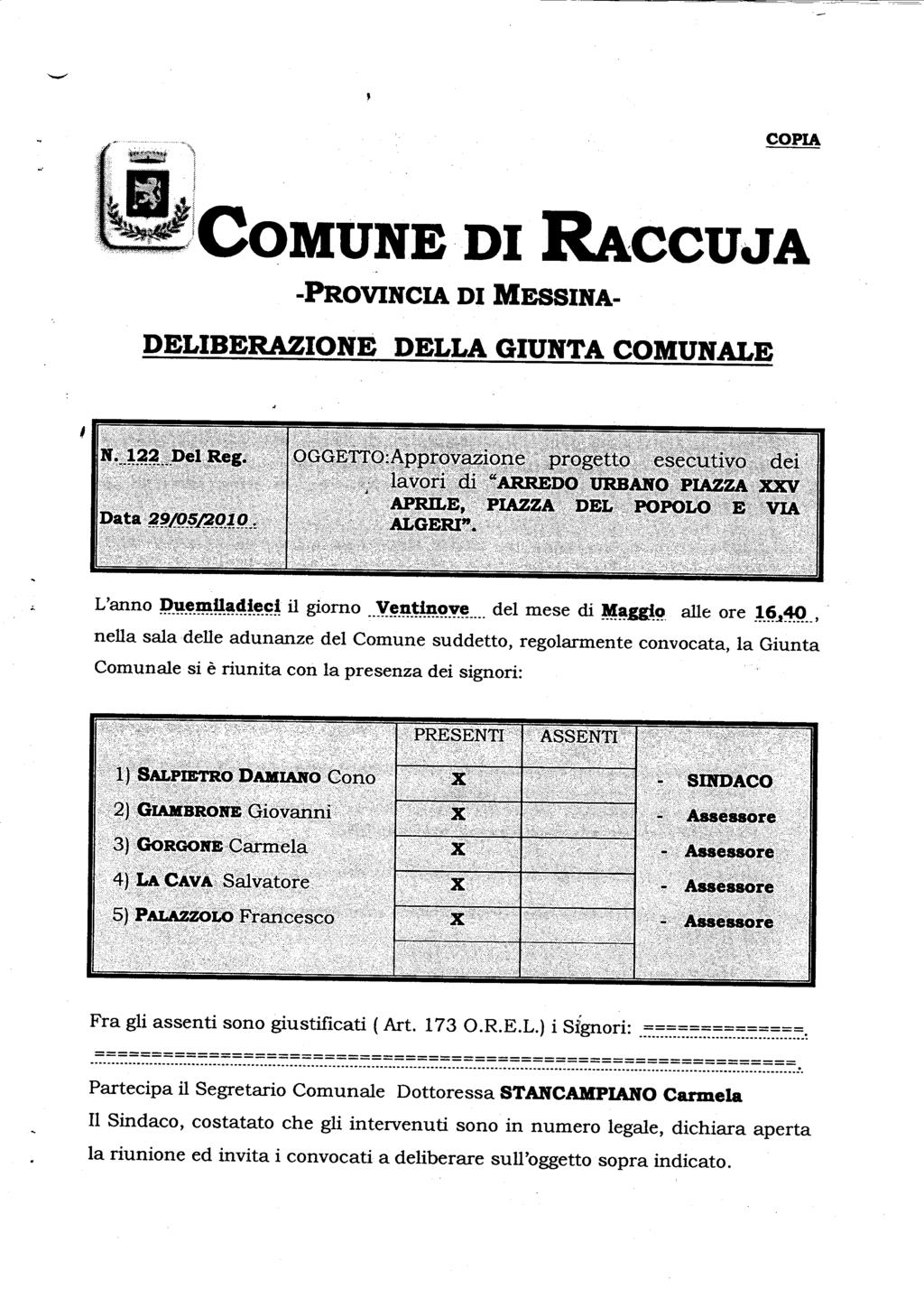 COPIA COMUNE DI RACCUJA -PROVINCIA DI MESSINA- DELIBERAZIONE DELLA GIUNTA COMUNALE N.J22,, Del Reg.