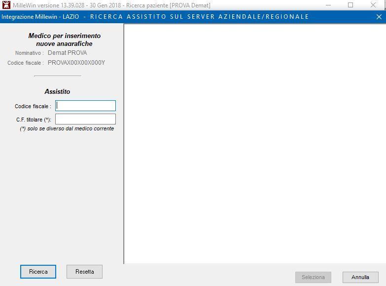 Dalla finestra Ricerca assistito sul server aziendale/regionale è possibile effettuare la ricerca del paziente inserendo il codice fiscale del paziente Ricercato il paziente, compariranno