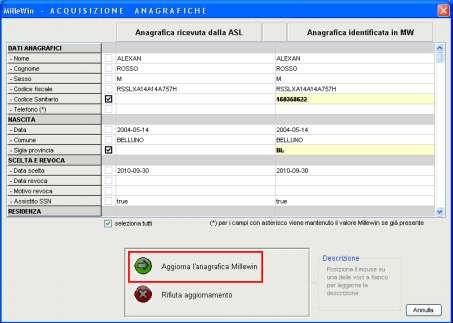C - SERVIZI SU ASSISTITO SINGOLO RICEZIONE ANAGRAFICA Ricezione anagrafica: quest area consente l allineamento dei dati anagrafici Millewin del paziente selezionato con quelli presenti sul portale