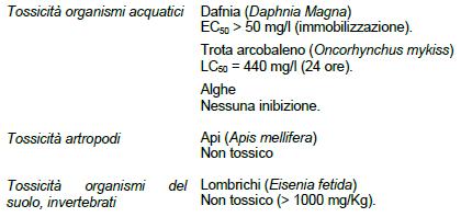 12. Informazioni ecologiche 12.1 Tossicità 12.2 Persistenza e degradabilità Immediata biodegradazione in acqua. 12.3 Potenziale di bioaccumulo Nessuna informazione, esposizione non probabile. 12.4 Mobilità nel suolo Rapida decomposizione nel suolo.