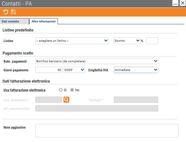 un eventuale listino prevalente una % di sconto abbinata all anagrafica cliente una condizione di pagamento prevalente l indicazione dei dati per la fattura elettronica Effettuato il salvataggio