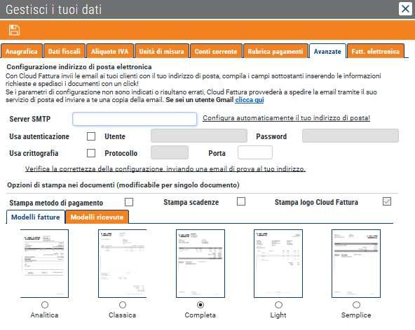 E possibile inoltre scegliere il layout di stampa di fatture-parcelle-ricevute, nonché impostare alcune opzioni di stampa sui documenti.