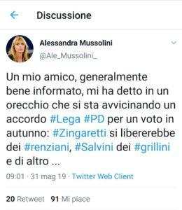 Governo e andare alle elezioni in autunno. Lo scriveva Alessandra Mussolini in un tweet del 31 maggio Salvini aveva stretto l accordo col PD che addebita al Movimento 5 Stelle.