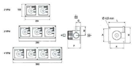 VPM 50-0,1.S Dimensioni A B C H L P Peso 75 mm 50 mm 34,5 mm 90 mm 90 mm 75 mm 0,95 kg raccordi Entrata G 3/8 tipo AL femmina. Uscita G 3/8 tipo AL femmina. Per ordinare Materiali Le prese VPM.