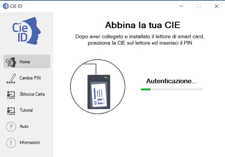 La schermata di Home è dedicata alla funzionalità di abbinamento della CIE: Appoggiando la CIE sul lettore di smart card collegato alla postazione, digitando il PIN e selezionando il tasto abbina si