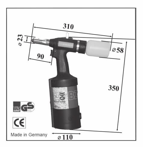 RIVETTATRICI PNEUMATICHE PER RIVETTI A STRAPPO PNEUMATIC TOOLS FOR BLIND RIVETS ATTREZZATURE TOOLS BZ 103 UTILIZZO CAPACITY 134.34 2,4-5 mm.