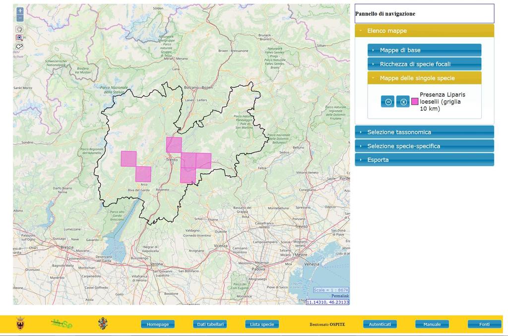 INTERFACCIA WEBGIS #1 Specie prioritaria ricodificata su una griglia di 10x10 km2 Specie a rischio ricodificata su una griglia