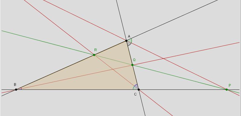 Teorema 6: Le bisettrici di due angoli di un triangolo scaleno ABC e la bisettrice dell angolo esterno del terzo angolo intersecano i lati (o i loro prolungamenti) in tre punti allineati.