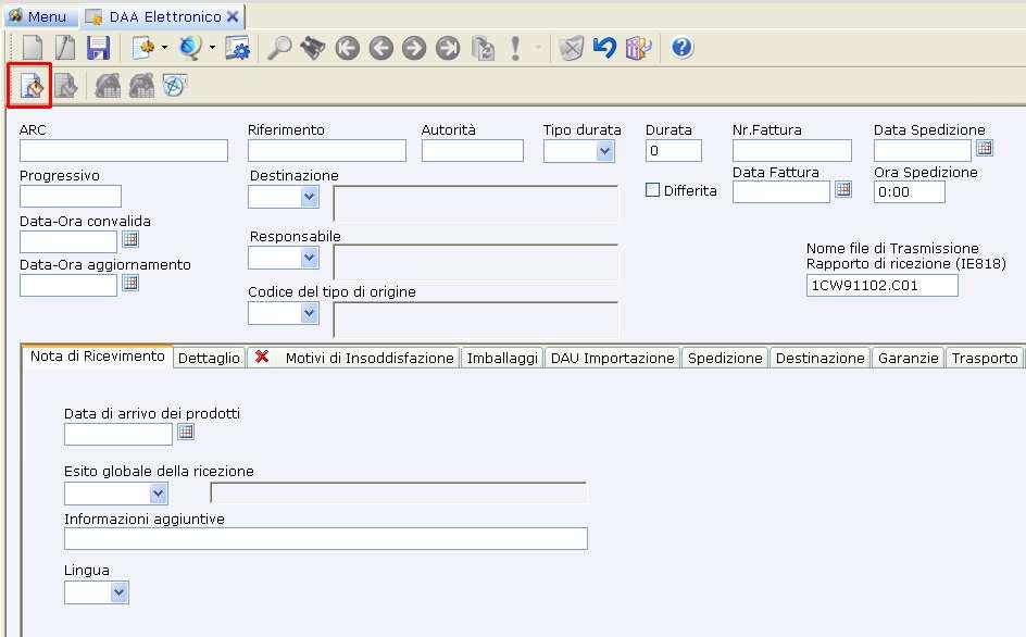 FASE 2: Inserimento del documento in Mago.Net In Mago.Net selezionare il menu DAA Elettronico ed il modulo Inserimento/Ricezione DAA Elettronico.