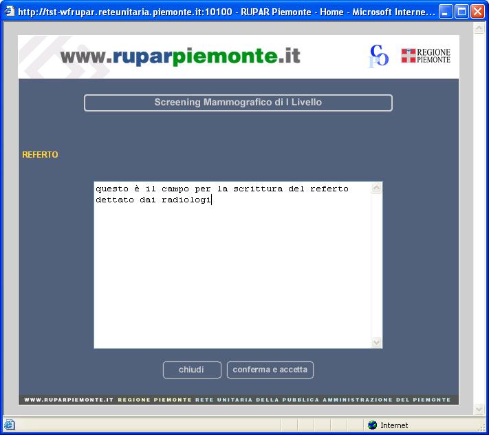 1 LIVELLO MAMMOGRAFICO Pag. 46 di 48 Selezionando il tasto referto appare la seguente videata, dove sarà possibile inserire in un campo libero la descrizione del referto.