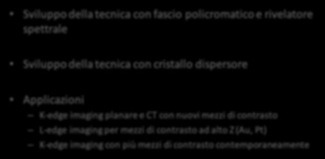 Scopo del progetto: K-edge subtraction imaging con sorgente di sincrotrone Sviluppo della tecnica con fascio policromatico e rivelatore spettrale Sviluppo della tecnica con cristallo