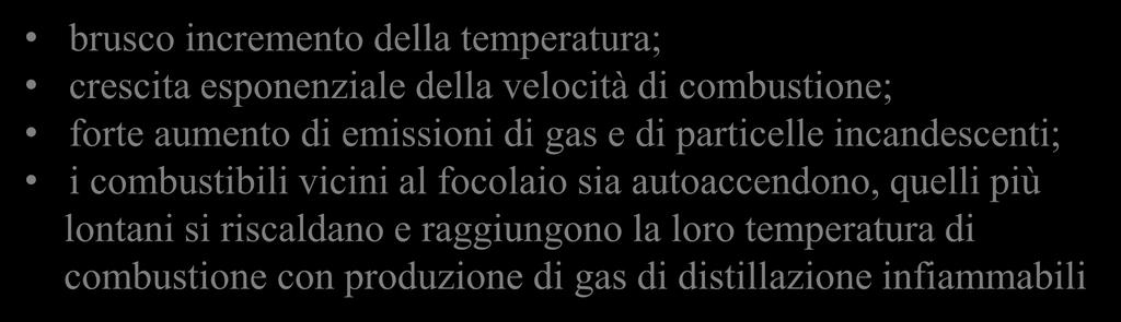 Flash-over Ignizione Propagazione Incendio generalizzato Estinzione Incendio generalizzato brusco incremento della temperatura; crescita esponenziale della velocità di combustione; forte aumento di