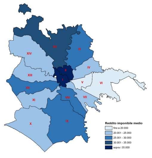 Cartografia del reddito dichiarato medio per municipio. Roma.