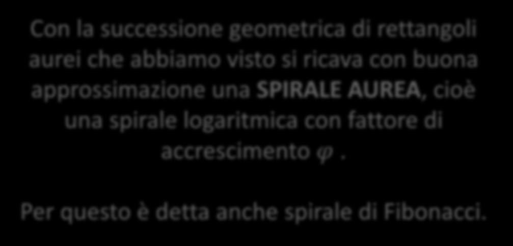 La spirale aurea Con la successione geometrica di rettangoli aurei che abbiamo visto si ricava con buona approssimazione una SPIRALE AUREA,