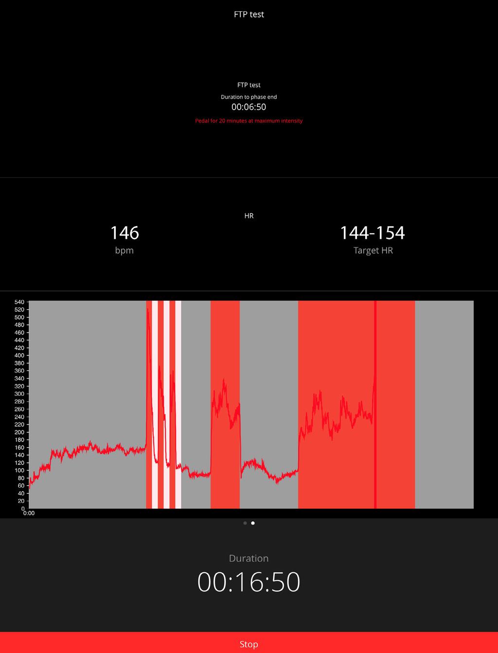 Durante il test, il software visualizzerà il nome della fase del test, il tempo rimanente, i dati istantanei del ciclista, la frequenza cardiaca e, nel caso in cui fosse già stato eseguito il