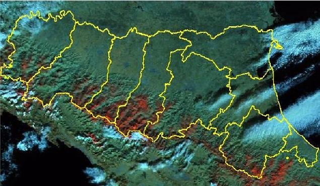 Bollettino agrometeorologico riepilogo mensile di Marzo 2006 Immagine AQUA MODIS del 14/03/2006, h 13:00 UTC (la neve appare in rosso-arancio).