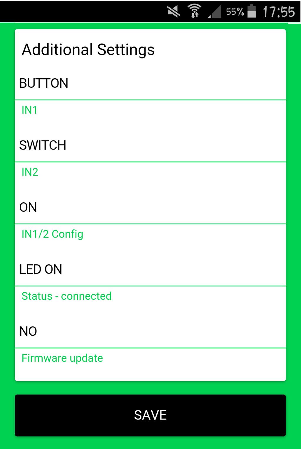 Programmazione degli ingressi filari Impostare IN1 e IN2 a seconda del tipo di interruttore da collegare (monostabile - button, bistabile - switch) Per salvare, fare click su SAVE.