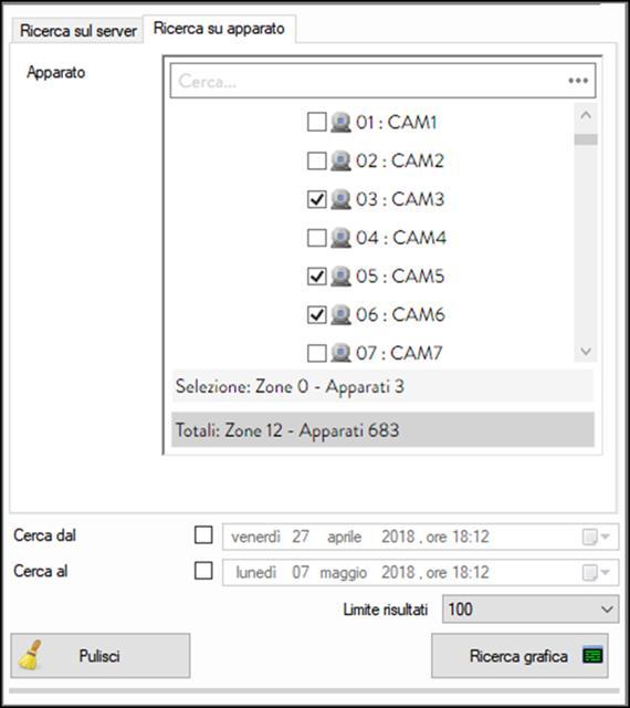 La ricerca su apparato mostra i file che sono stati registrati a bordo apparato, per le telecamere che supportano una SD card.