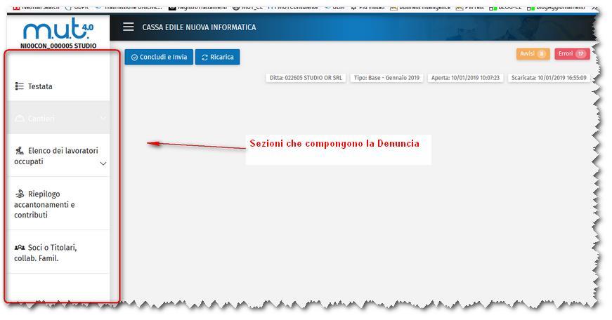 Compila Denuncia La procedura evidenzia, in alto nello schermo, alcune informazioni relativamente alla Denuncia: la ditta, il periodo, la data di apertura della Denuncia e la data in cui il