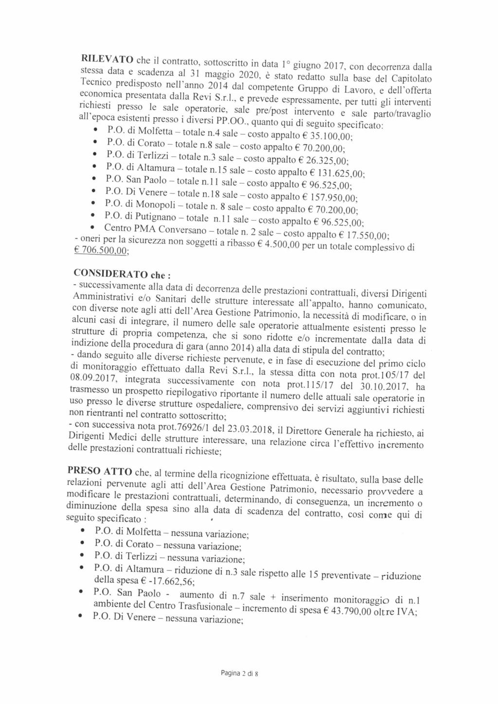 RILEVATO che il contratto, sottoscritto in data l giugno 2017, con decorrenza dalla stessa data e scadenza al 31 maggio 2020, è stato redatto sulla base del Capitolato Tecnico predisposto nell'anno