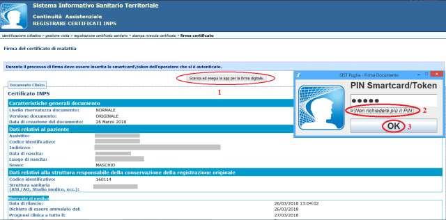 Figura 32 Per firmare ed inviare il certificato di malattia, occorrerà cliccare sul tasto Scarica ed esegui la app per la firma digitale (1). Comparirà la casella in cui poter inserire il PIN.
