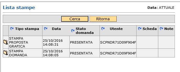 Una volta stampata la domanda è possibile ristamparla utilizzando il pulsante stampa storica di seguito evidenziato: