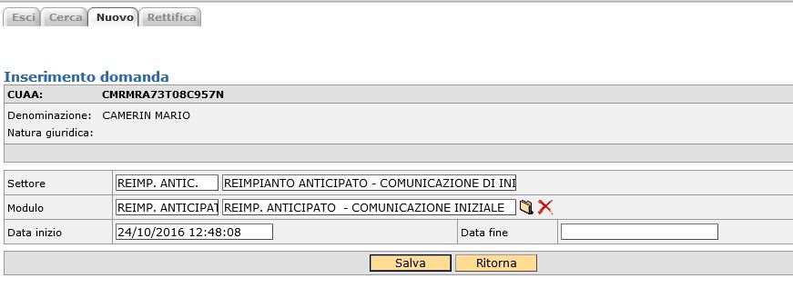 Se si seleziona un modulo non coerente con la provincia di ubicazione delle superfici