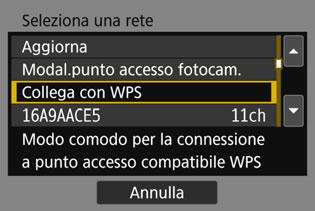 Configurazione di una connessione Wi-Fi con WPS (modalità PIN) 3 4 Selezionare [Registra disposit. per conness.]. Non visualizzato quando si seleziona un servizio Web al passo 2. Procedere al passo 5.