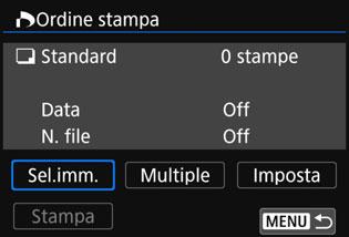 Stampa di immagini Stampa con opzioni specifiche Stampare specificando le opzioni di stampa. Premere <0>. 1 2 Selezionare [Ordine stampa]. Viene visualizzata la schermata [Ordine stampa].