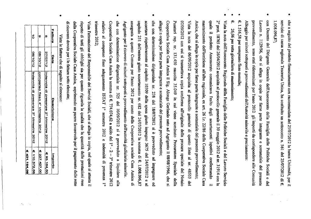 che a seguito del predetto finanziamento con raccomandata del 25/07/2012 la banca Unicredit, per il servizio di cassa regionale Tesoreria Unica, ha costituito un sottoconto n.