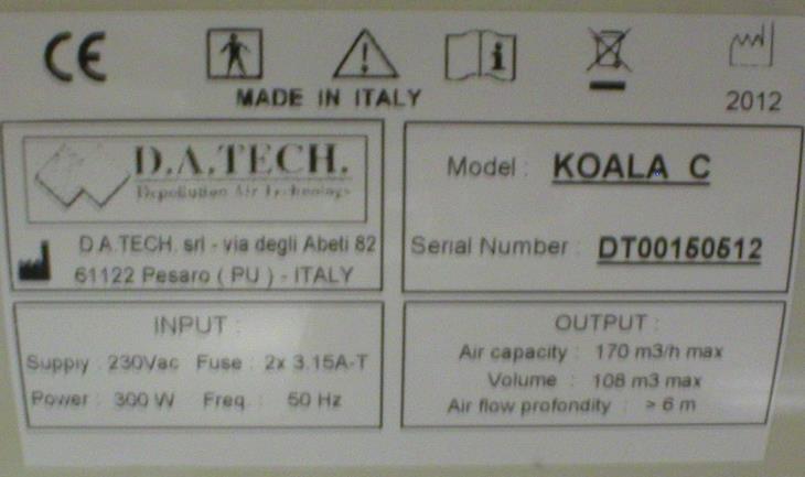 3. DISOSITIVO OGGETTO DELLE ROVE - CONTENUTO DELLA CONFEZIONE - N 1 Disinquinatore KOALA-C - N 1 Disinquinatore KOALA-C montato su stativo a pavimento - MANUALE D USO SI NO - TARGHE IDENTIFICATIVE: