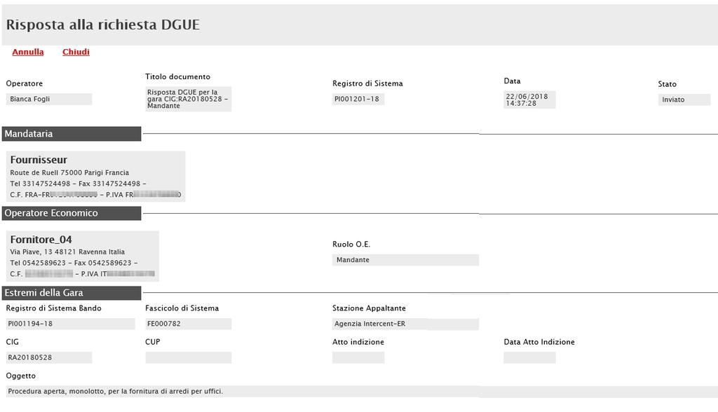 Lo Stato DGUE relativo all'operatore economico "mandante" o "ausiliario" cambierà da "Inviata Richiesta" a "Ricevuto" e nella colonna DGUE sarà possibile visualizzare il relativo documento.