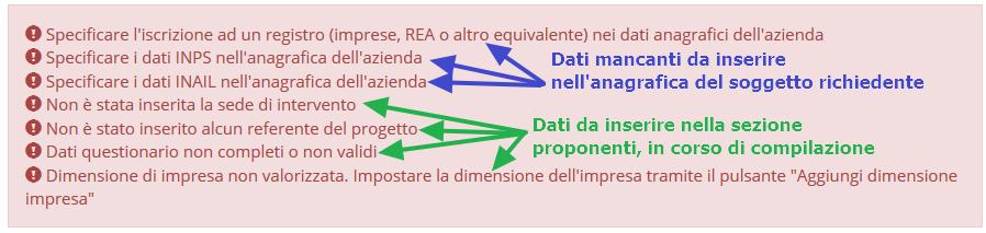 Dati Soggetto, riassume i dati salienti del proponente e della sede legale, così come sono stati inseriti in anagrafica; Dati Firmatario, riassume i dati salienti del firmatario della domanda così